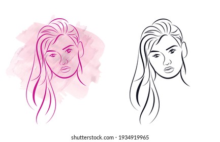 Beautiful woman face with hand drawn vector illustration. Stylish original graphics portrait with beautiful young attractive girl model. Fashion, style, beauty. Graphic, sketch drawing.