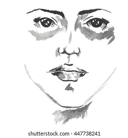 Beautiful woman face Hand drawn illustration. Watercolor vector