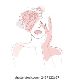 Beautiful woman face with hand and peonies flowers in modern Line art Minimalist style.Vector illustration