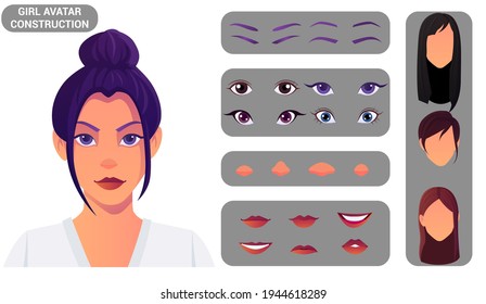 Beautiful Woman Face And Head Character Construction. Female Avatar Build With Head and Hair Styles Premium Vector set Of Eyes, Nose, Mouth, Eyebrows.