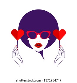 Beautiful woman face is keeping paper hearts in her hands, red lips, fashion red sunglasses, red nails manicure art, round hairstyle. Beauty logo. Vector illustration, wallpaper background.  