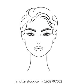 Beautiful woman face. Line illustration.  The head of a girl with short hair.Logo.Vector Stock illustration isolated on white background.