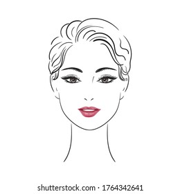 Beautiful woman face. Line illustration. The head of a girl.Logo.  Vector Stock illustration isolated on white background.