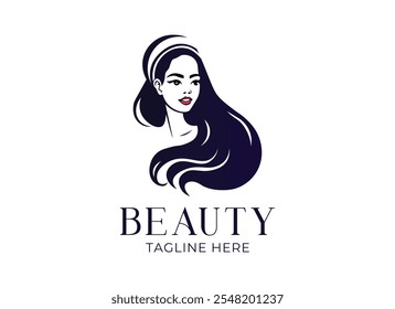 Logo de cara de mujer hermosa, concepto de negocio de cabello, spa y estética. estilo moderno, elegante y lujoso, ilustración de icono de estilo de cabello largo de mujer, Plantillas de Vector de logotipo de salón de belleza y peluquería, ilustración