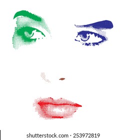 Beautiful Woman Face Logo Vector Illustration. Halftone. Conceptual Illustration For Makeup, Beauty, Fashion. Template.