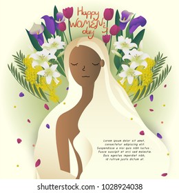 beautiful woman face with long hair on symbol flowers,cute cartoon vector illustration for greeting card,invitation, celebration or poster,international women's day