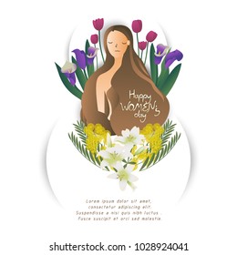 beautiful woman face with long hair on 8 number and symbol flowers,cute cartoon vector illustration for greeting card,invitation, celebration or poster,international women's day