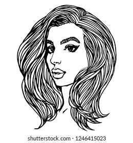 Beautiful woman face with long hair. Pretty girl model portrait isolated on white background. Hand drawn line art vector sketch, design for coloring book page