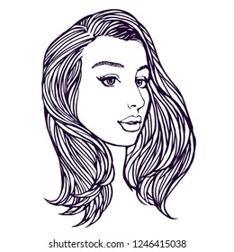 Beautiful woman face with long hair. Pretty girl model elegant portrait. Hand drawn line art vector sketch, design for coloring book page