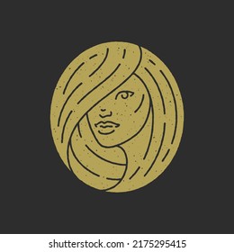 Beautiful woman face with long hair circled minimalist badge antique decorative design grunge texture vector illustration. Beauty female rounded emblem golden logo fashion hairstyle studio spa salon