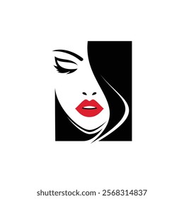 Beautiful woman face with long hair and red lips. Vector illustration.