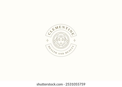 Plantilla de diseño de logotipo de arte de línea circular de lujo de cara de mujer hermosa para Ilustración vectorial de marca cosmética. Logotipo lineal minimalista del retrato femenino elegante para el salón de belleza del cuidado del pelo de la piel del bienestar del balneario