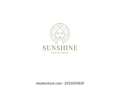 Beautiful woman face luxury line art logo design template for coiffure vector illustration. Fashion young female portrait circle minimalist linear logotype for hairdresser hair stylist cosmetic brand