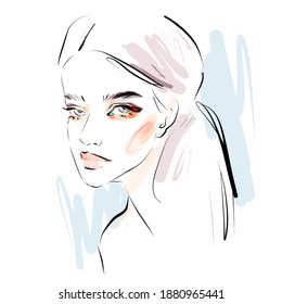 Hermosa mujer cara maquillaje retrato vectorial ilustración.