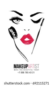 Beautiful woman face. Makeup artist t-shirt design and business card concept. Hand drawn graphic vector fashion illustration in watercolor style. Black art on white background