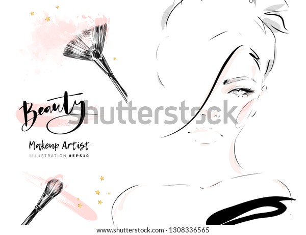 Beautiful Woman Face Makeup Brushes Vector Stock Vector Royalty Free 1308336565 Shutterstock 5040