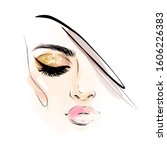 Beautiful woman face makeup with closed eye vector illustration for cosmetics sale banner design. Fashion girl with smoky eyes, pink lips and blush portrait drawing isolated on white background.