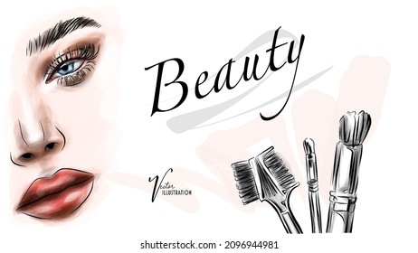 Beautiful woman face makeup with closed eye vector illustration for cosmetics sale banner design. Fashion girl with smoky eyes, pink lips and blush portrait drawing isolated on white background.