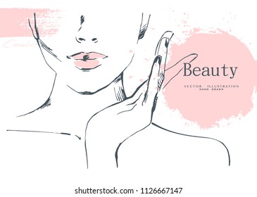 Beautiful woman face with Make-up , sketch, hand drawn, vector illustration.