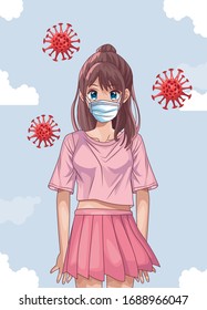 beautiful woman with face mask and covid19 particles anime style vector illustration design