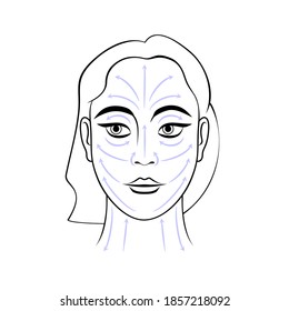 Beautiful woman face with massage lines scheme vector illustration. Fashion, style, beauty, make-up, cosmetic
