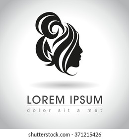 Beautiful woman face with messy bun logo sample, vector illustration