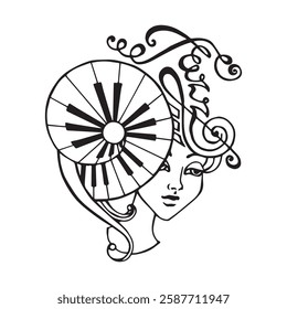 Beautiful woman face with musical instruments in jazz style, hand drawn vector illustration, black isolated on white background