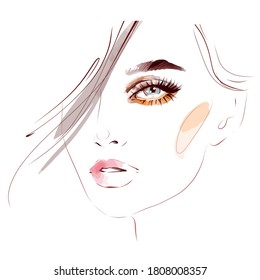 Beautiful woman face natural make up. Hand drawn vector fashion illustration. Skin care makeup cosmetics design background.