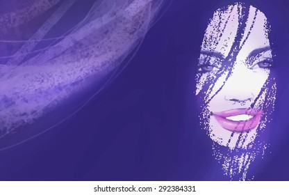 Beautiful woman face on purple background. Vector illustration.
