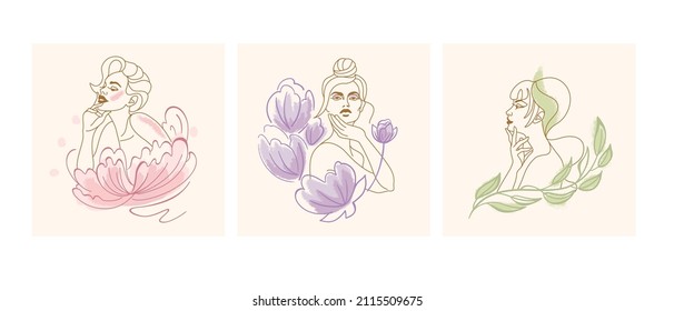 Beautiful woman, face outline,  flowers and leaf.  Cute girly wallpaper. Vector. 