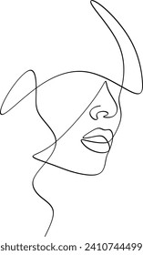 Beautiful woman face portrait linear drawing elegant minimalist female model face sketch continuous linear graphic artwork illustration.Without artificial intelligence.