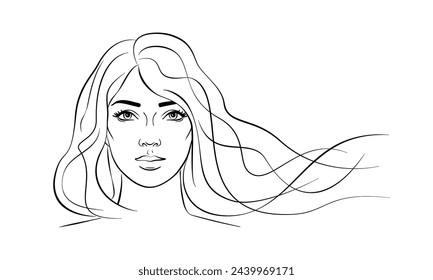 beautiful woman face portrait long wavy hair  line drawing outline style vector illustration