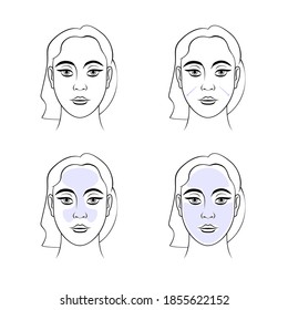 Beautiful woman face portraits with skin type zones set vector illustration. Fashion, style, beauty, make-up, cosmetic