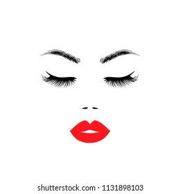 Beautiful woman face with red lips, eyebrows and lush eyelashes. Beauty Logo. Vector illustration