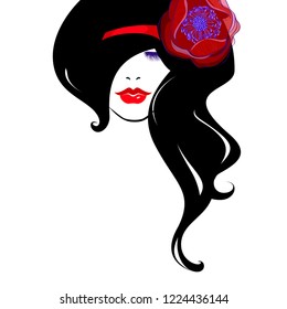 Beautiful woman face, red lips, volume black hairs, red flower in the hairs. Beauty Logo. Vector illustration, spa salon, sign, symbol, nails studio, hair style, hairdresser salon. 
