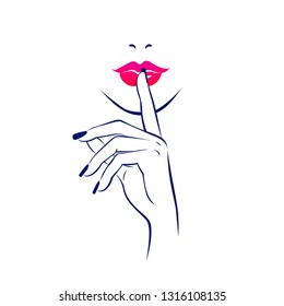 Beautiful woman face red lips, hand with black manicure nails, a finger with a varnish at the mouth. Beauty Logo. Vector illustration, spa salon, symbol, nails studio.