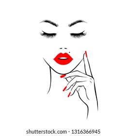 Beautiful woman face with red lips, lush eyelashes, hand with red manicure nails. Spa salon. Beauty Logo. Vector illustration