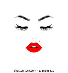 Beautiful woman face with red lips, lush eyelashes, closed eyes, make up art model. Beauty Logo. Vector illustration.