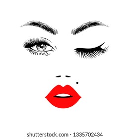 Beautiful Woman Face With Red Lips, Eyebrows And Lush Eyelashes, One Open Eye And Other Closed, Sexy Birthmark. Beauty Logo. Vector Illustration.