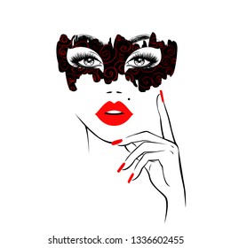 Beautiful woman face with red lips in black mask with red decoration print, lush eyelashes, hand with red manicure nails. Beauty Logo. Vector illustration. Party carnival mask. 