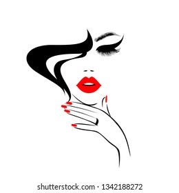 Beautiful woman face with red lips, lush eyelashes, hand with red manicure nails, hairstyle. Beauty Logo. Vector illustration