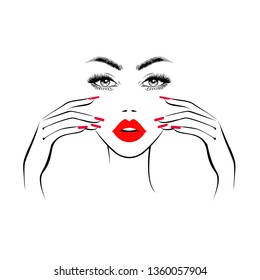 Beautiful Woman Face Red Lips Lush Stock Vector (Royalty Free) 1360057904