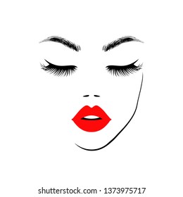 Beautiful woman face with red lips for Beauty Logo, sign, symbol, icon for salon, spa salon, hairdressing, firm company or center. Vector illustration
