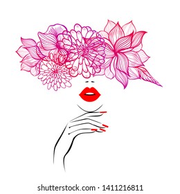 Beautiful woman face red lips, hand with red manicure nails. Beauty Logo. Vector illustration, diadem flowers, butterflies, floral motive, abstract flowers, spa salon, sign, symbol, nails studio.