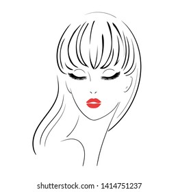 Beautiful woman face with red lips. Line illustration. Vector Stock illustration isolated on white background.  Young female portrait. 