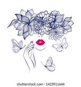 Beautiful woman face red lips, hand with red manicure nails. Beauty Logo. Vector illustration, diadem flowers, butterflies, floral motive, abstract flowers, spa salon, sign, symbol, nails studio.