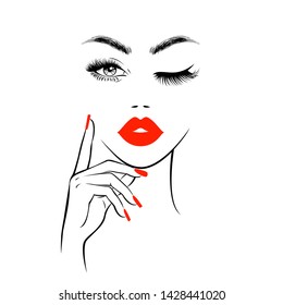 Beautiful woman face with red lips, lush eyelashes, one eye open one closed, hand with red manicure nails. Spa salon. Beauty Logo. Vector illustration
