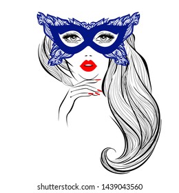 Beautiful woman face with red lips in mask with floral motifs, lush eyelashes, hand with red manicure nails. Beauty Logo. Nails studio art. Vector illustration. Party carnival mask. 