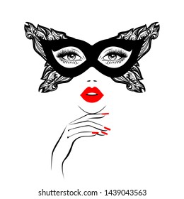 Beautiful woman face with red lips in black mask with floral motifs, lush eyelashes, hand with red manicure nails. Beauty Logo. Nails studio art. Vector illustration. Party carnival mask.