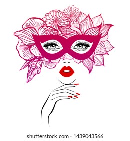 Beautiful woman face with red lips in red mask with floral motifs, lush eyelashes, hand with red manicure nails. Beauty Logo. Nails studio art. Vector illustration. Party carnival mask. 